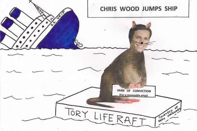 A drawing depicting Tory councillor Chris Wood as a rat with his former party Ukip depicted as a sinking ship PPP-161018-094058001