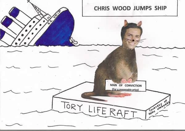 A drawing depicting Tory councillor Chris Wood as a rat with his former party Ukip depicted as a sinking ship PPP-161018-094058001