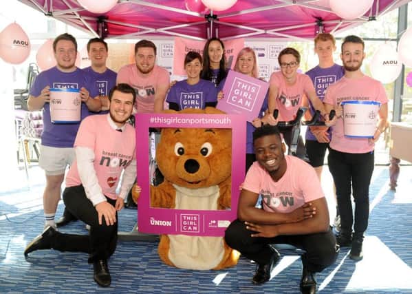 Students and staff from the Student Union in Portsmouth, dressed in pink and took on a cycing challenge on Wednesday all to raise money and awareness for Breast Cancer Now.



Picture: Sarah Standing (161408-4661)