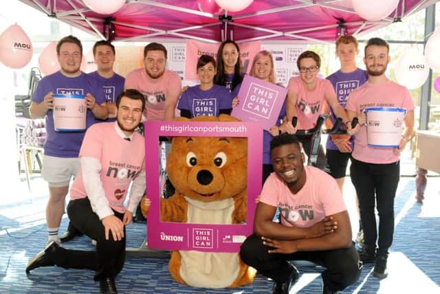 Students and staff from the Student Union in Portsmouth, dressed in pink and took on a cycing challenge on Wednesday all to raise money and awareness for Breast Cancer Now.
Picture: Sarah Standing (161408-4661)