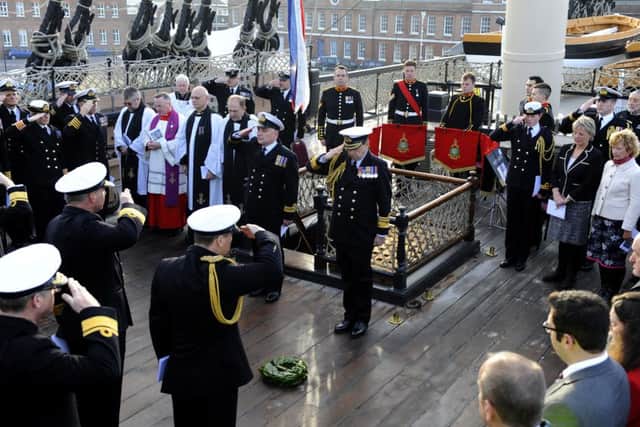 The Trafalgar Day ceremony onboard HMS Victory Picture:  Malcolm Wells (161021-1750)