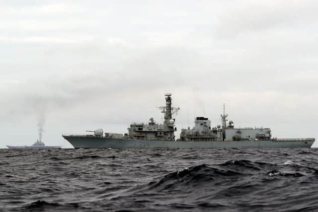 Photo issued by the Mininstry of Defence of HMS Richmond (front), a Type 23 Duke Class frigate, observing aircraft carrier Admiral Kuznetsov, which is part of a Russian task group, during transit through the North Sea.
Picture: PO(Phot) Dez Wade/MoD/Crown Copyright/PA Wire