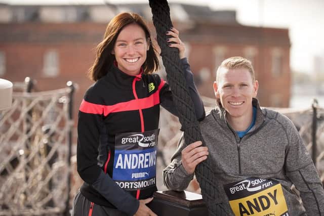 Andy Vernon with Jess Andrews at the official launch of the Great South Run at HMS Victory yesterday Picture: Peter Langdown