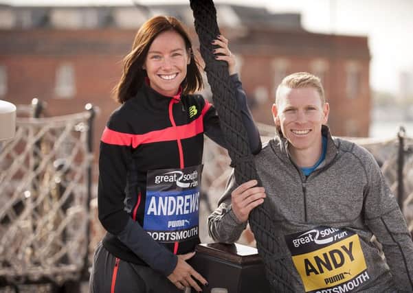 Andy Vernon with Jess Andrews at the official launch of the Great South Run at HMS Victory yesterday Picture: Peter Langdown