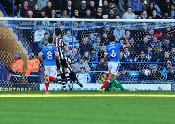 County's Adam Campbell scores his first goal of the match between Portsmouth and Notts County at Fratton Park. Photo by Joe Pepler/Digital South.