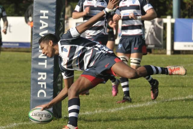 Jerome Rudder touches down try number two. Picture: Mick Young (161176-08)