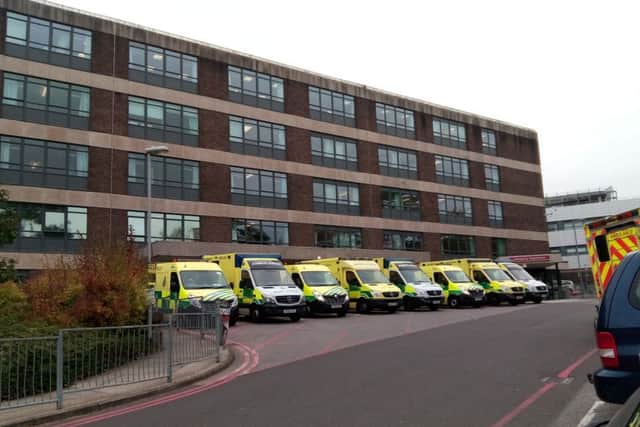 Ambulances queuing outside Queen Alexandra Hospital on October 24