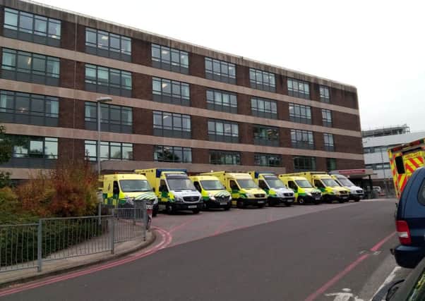 Ambulances queuing outside Queen Alexandra Hospital on October 24