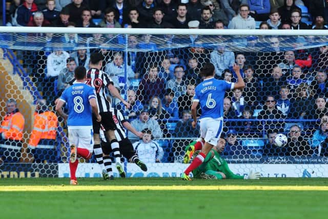Adam Campbell scores the winner for Notts County against Pompey at Fratton Park Picture: Joe Pepler