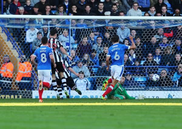 Adam Campbell scores the winner for Notts County against Pompey at Fratton Park Picture: Joe Pepler