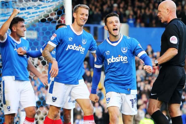 Pompey stiker Conor Chaplin celebrates his 16th goal for the club in the Blues' 2-1 defeat to Notts County at the weekend Picture: Joe Pepler