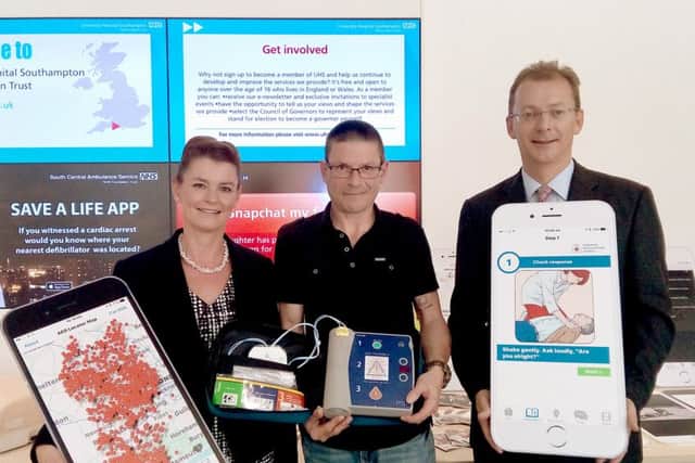 From left, deputy director of communication at Scas Gillian Hodgetts, Paul Steinle from Southsea and Dr Charles Deakin, assistant medical director for Scas helped
Picture: Ellie Pilmoor