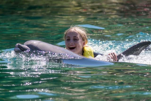 Melanie Cooper swims with a dolphin during the Dreamflight visit to Discovery Cove in Orlando Picture: Steve Parsons/PA Wire