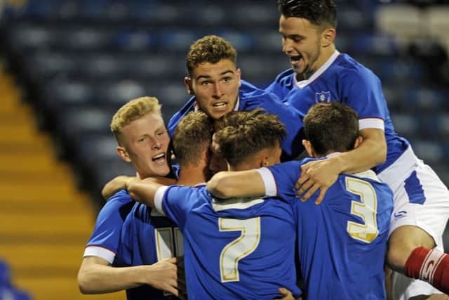 Pompey Academy celebrate after beating Eastleigh 5-0 in the FA Youth Cup at Fratton Park   Picture: Ian Hargreaves