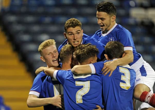 Pompey Academy celebrate after beating Eastleigh 5-0 in the FA Youth Cup at Fratton Park   Picture: Ian Hargreaves