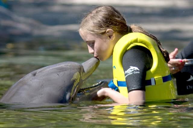Melanie Cooper, 12, from Gosport, enjoys a swim with a dolphin during the Dreamflight visit to Discovery Cove in Orlando, Florida Picture: Steve Parsons/PA Wire