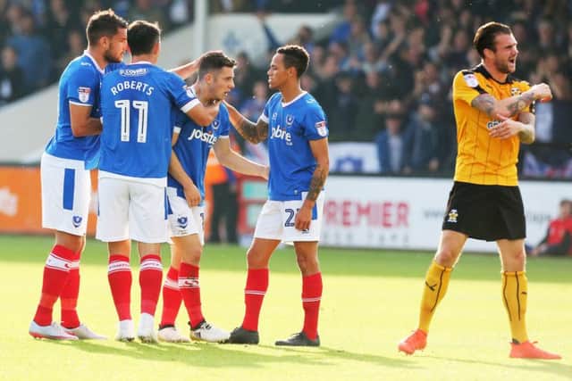 Conor Chaplin netted the winner for 10-man Pompey at the Abbey Stadium this afternoon Picture: Joe Pepler