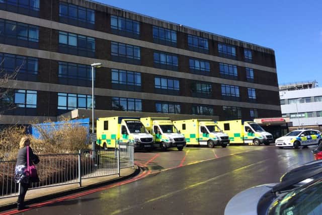 Ambulances queuing at Queen Alexandra Hospital in Cosham