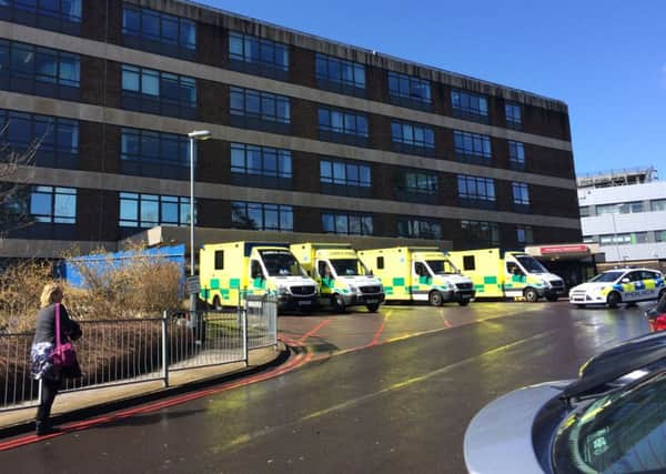 Ambulances queuing at Queen Alexandra Hospital in Cosham