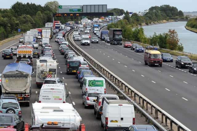 142395_LORRY_12/8/14Traffic queues on east bound carraigeway of the M27 at CoshamThe A27 at Farlington was closed for emergency services to deal with a lorry fire on the eastbound carriageway at Farlington. Picture: Allan Hutchings (142395-080c2) PPP-160510-123935001