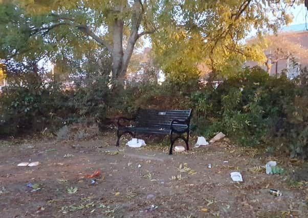 Litter strewn around the memorial bench in Paulsgrove