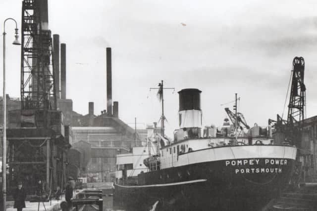 The collier Pompey Power arriving at her dock opposite the power station. (Barry Cox collection)