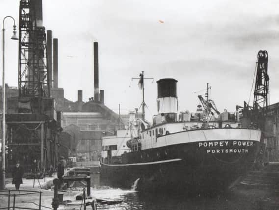 The collier Pompey Power arriving at her dock opposite the power station.  (Barry Cox collection)