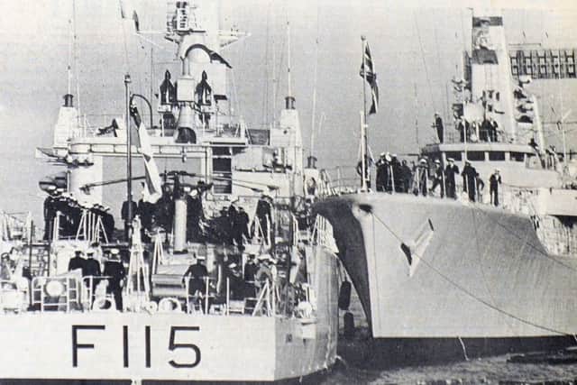 The moment of impact shared between HMS Berwick, left, and HMS Phoebe, right, as they gently collided .PPP-160111-151503001