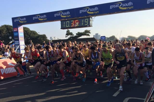 Portsmouth athlete Alex Teuten, white vest, just behind Chris Thompson at the start of the Great South Run