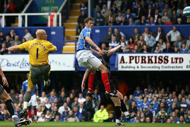 Hermann Hreidarsson scores for Pompey in the 7-4 victory against Reading in September, 2007