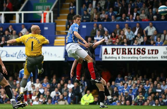 Hermann Hreidarsson scores for Pompey in the 7-4 victory against Reading in September, 2007