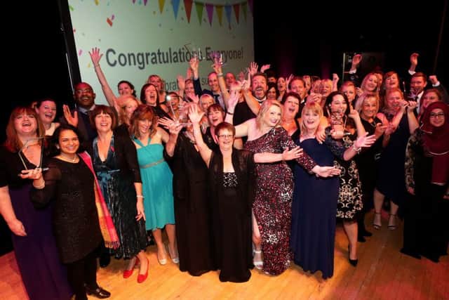 Thee winners and sponsors celebrating on stage at the end of the awards Pictures: Sam Stephenson
