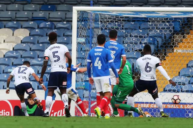 Ex-Pompey Academy forward Paris Cowan-Hall, far left, returns to haunt his former employers by opening the scoring in Wycombes 2-1 FA Cup first-round win at Fratton Park      Picture: Joe Pepler