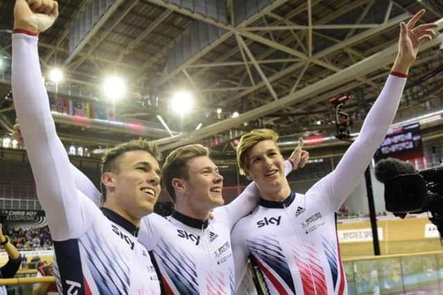 Ryan Owens, Jack Carlin and Petersfield's Joe Truman, right. Picture: British Cycling