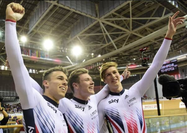 Ryan Owens, Jack Carlin and Petersfield's Joe Truman, right. Picture: British Cycling
