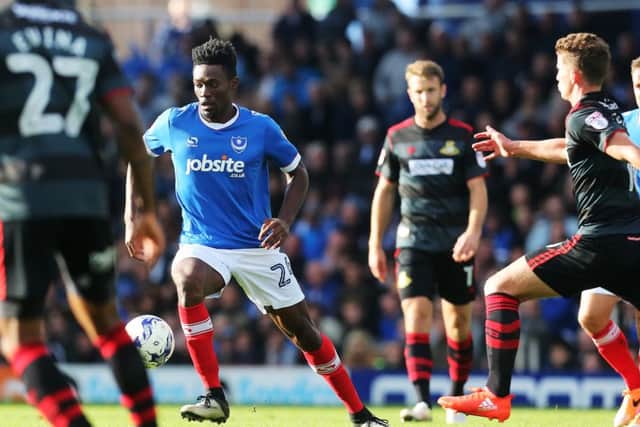 Amine Linganzi on the ball against Doncaster at Fratton. Picture: Joe Pepler