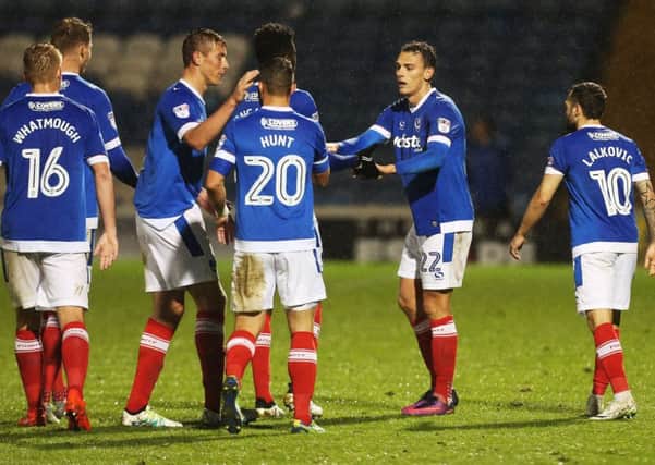 Kal Naismith, right, celebrates his goal against Bristol Rovers with his team-mates Picture: Joe Pepler
