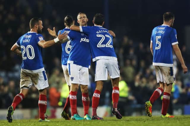 Carl Baker celebrates scoring his second - and Pompey's fourth - against Mansfield at Fratton Park Picture: Joe Pepler