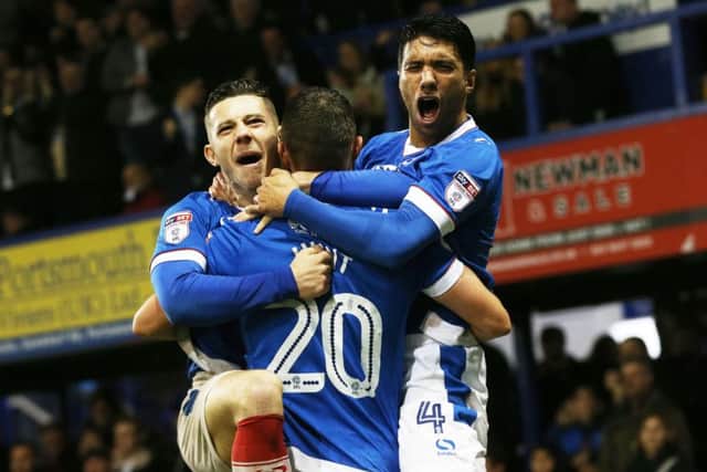 Noel Hunt puts Pompey 2-0 ahead against Mansfield at Fratton Park Picture: Joe Pepler