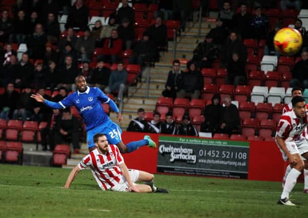 Nigel Atangana was on target for Pompey on the Blues' last trip to Cheltenham - a 1-1 draw in December 2014   Picture: Joe Pepler
