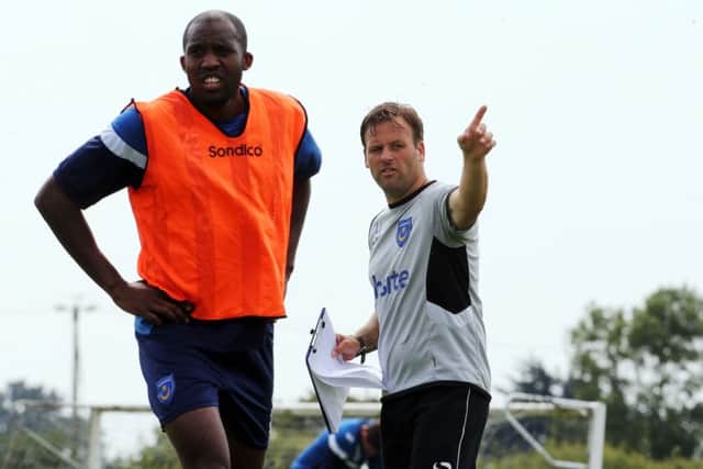 Louis Langdown, right, with Nigel Atangana during Pompey pre-season training in 2014