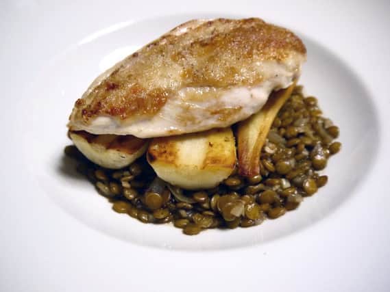 Lentils with roast chicken and parsnips