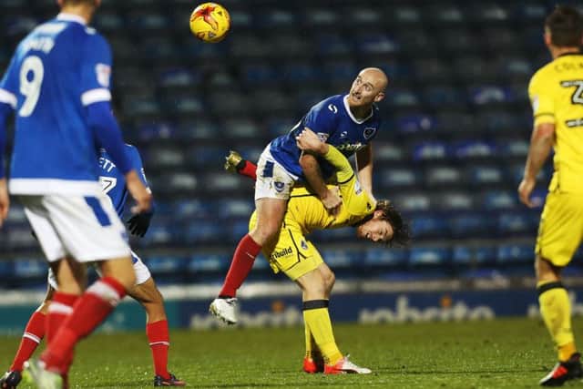 Drew Talbot wins the ball in the air as Pompey beat Bristol Rovers 1-0 in the Checkatrade Trophy. Picture: Joe Pepler