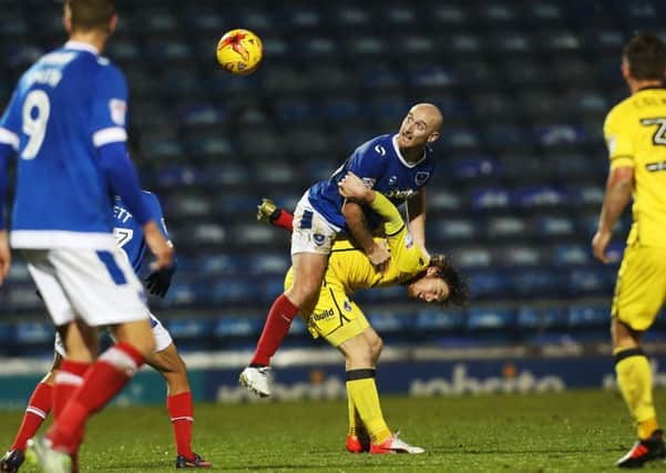 Drew Talbot wins the ball in the air as Pompey beat Bristol Rovers 1-0 in the Checkatrade Trophy. Picture: Joe Pepler