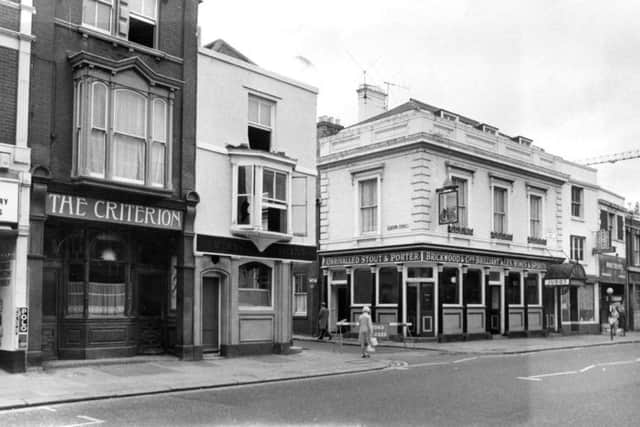 THEN The tiny Station Street, off Commercial Road, Portsmouth, surrounded by pubs in 1973
