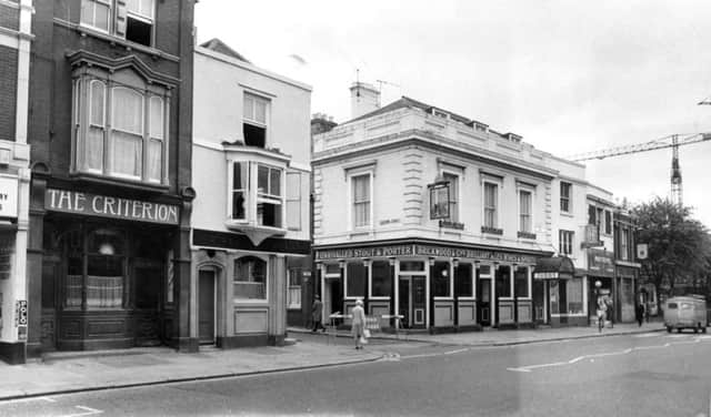 THEN The tiny Station Street, off Commercial Road, Portsmouth, surrounded by pubs in 1973