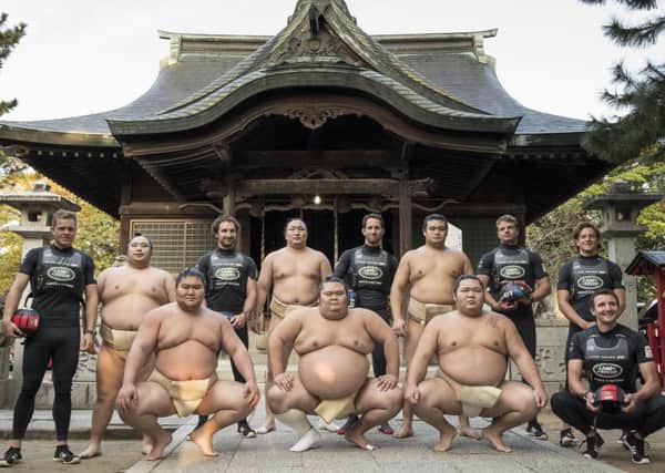 The LandRover BAR British America's Cup Team skippered by Sir Ben Ainslie shown visiting the Kokonoe Beya Sumo Stable 
Picture: Lloyd Images