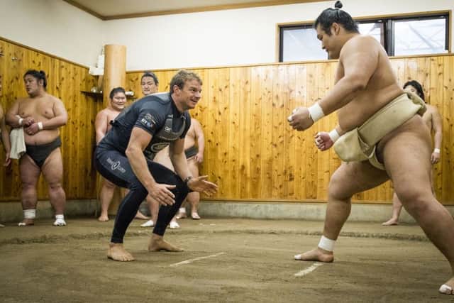 Americas Cup World Series. Fukuoka. Japan. 17th November 2017.
The LandRover BAR British Americas Cup Team skippered by Sir Ben Ainslie shown here visiting the Kokonoe Beya Sumo Stable. Prior to the start of the final act of the AC World Series.
Credit - Lloyd Images