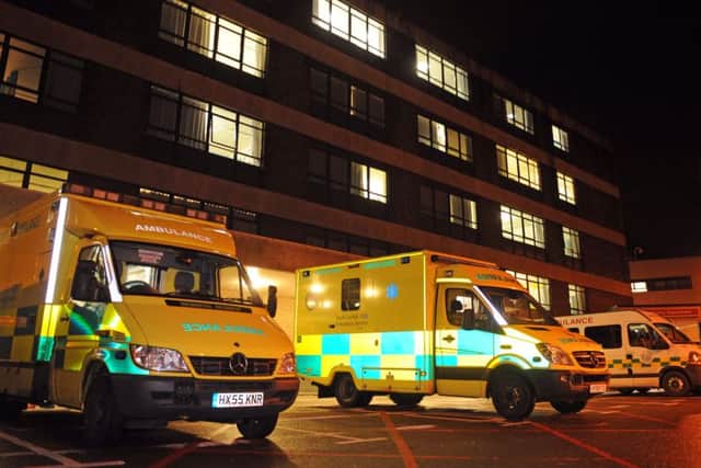 Ambulances outside the A&E department at Queen Alexandra Hospital, Cosham