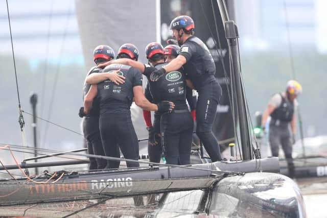 The Land Rover BAR team celebrate Americas Cup World Series glory after topping the standings in Japan Picture: Lloyd Images